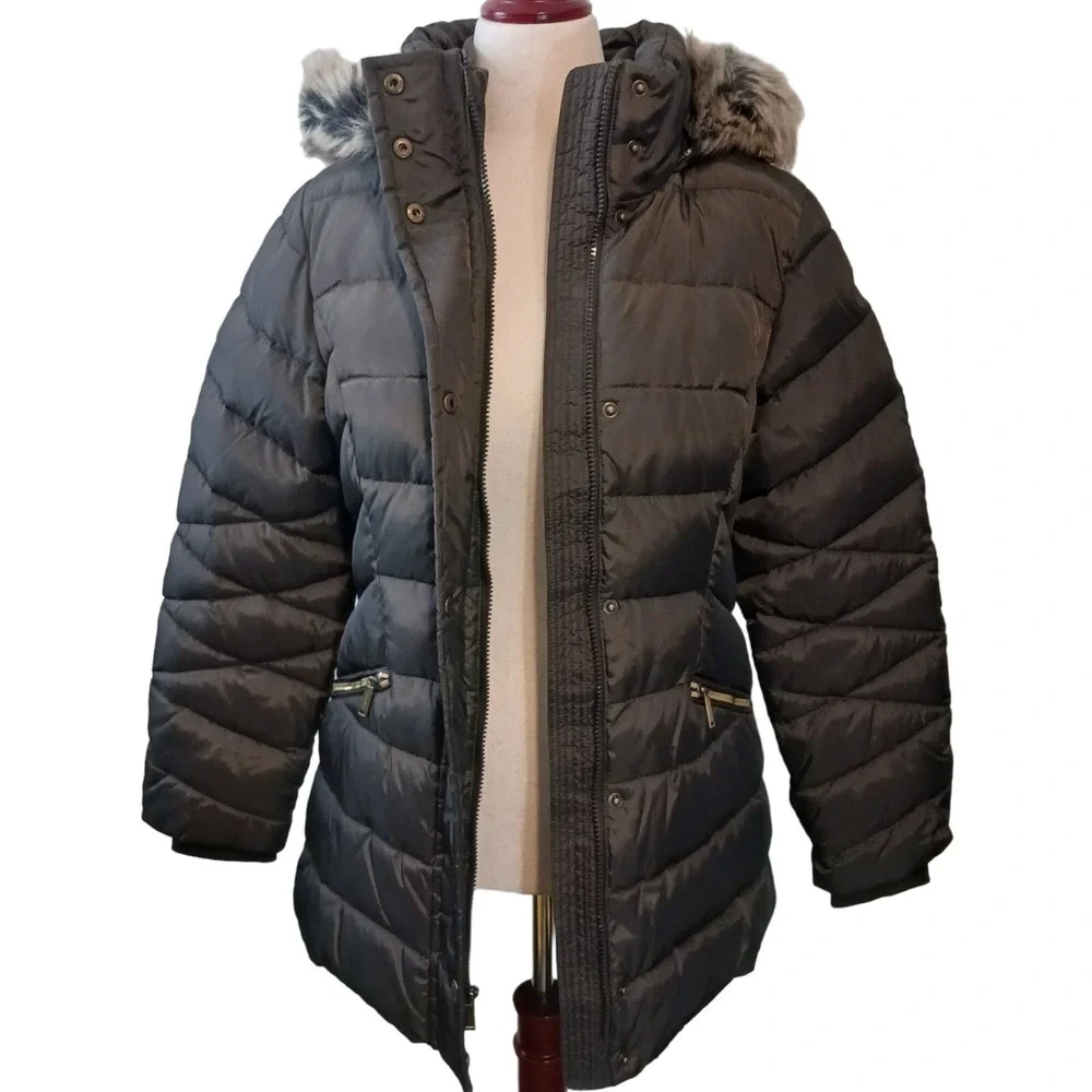 London Fog Faux-Fur Trim Hooded Down Puffer Coat Dark Moss, Gold Hardware Size M